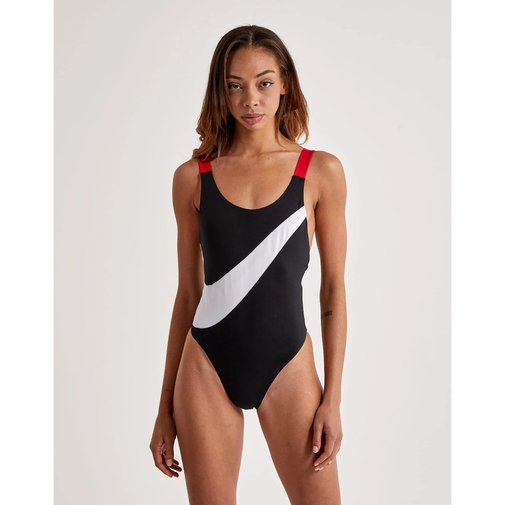 Nike Swim Swoosh 1-Piece Swimsuit Black Red Straps NESSD280-001 Womens XL NEW